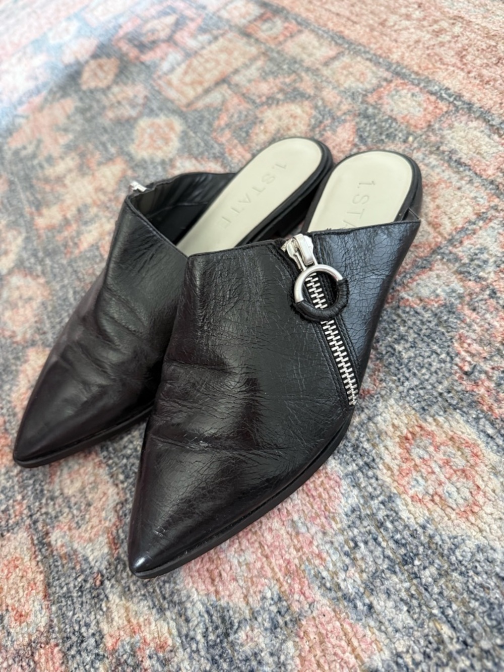 1. State Black Leather Pointed Zip-Accent Mule